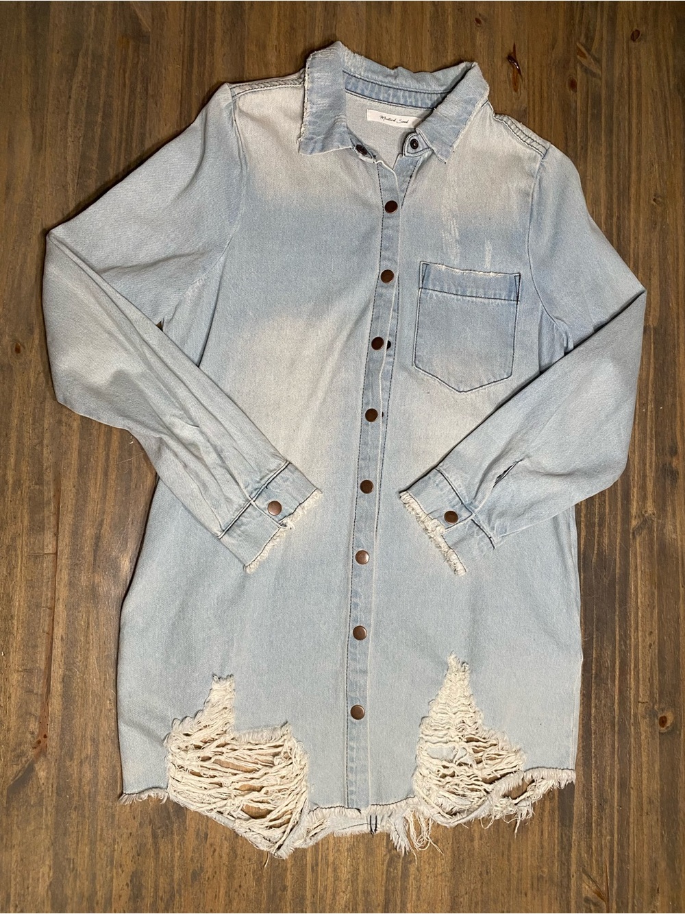 Mustard Seed Light Wash Blue Distressed Denim Shirt Jacket